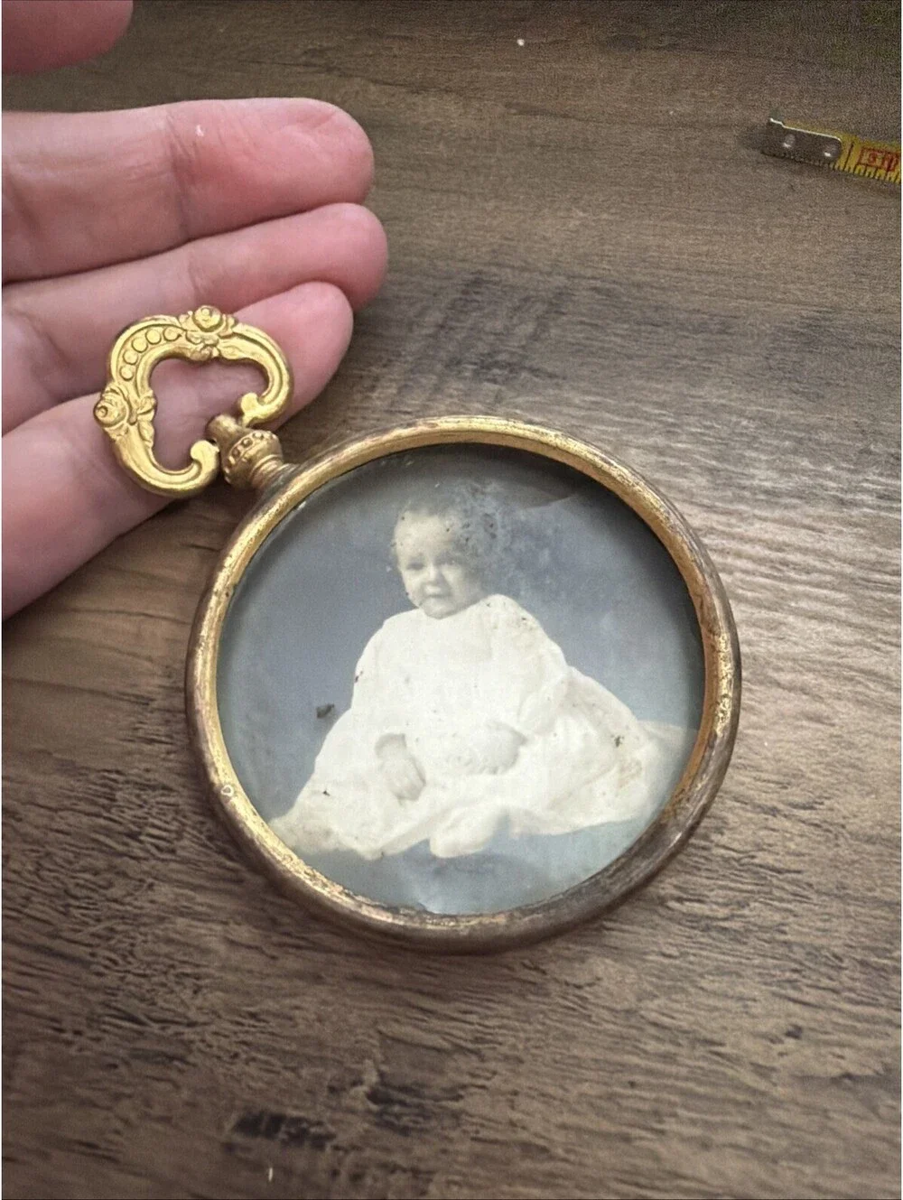 Antique Photograph of Child in Round Gold Frame Victorian